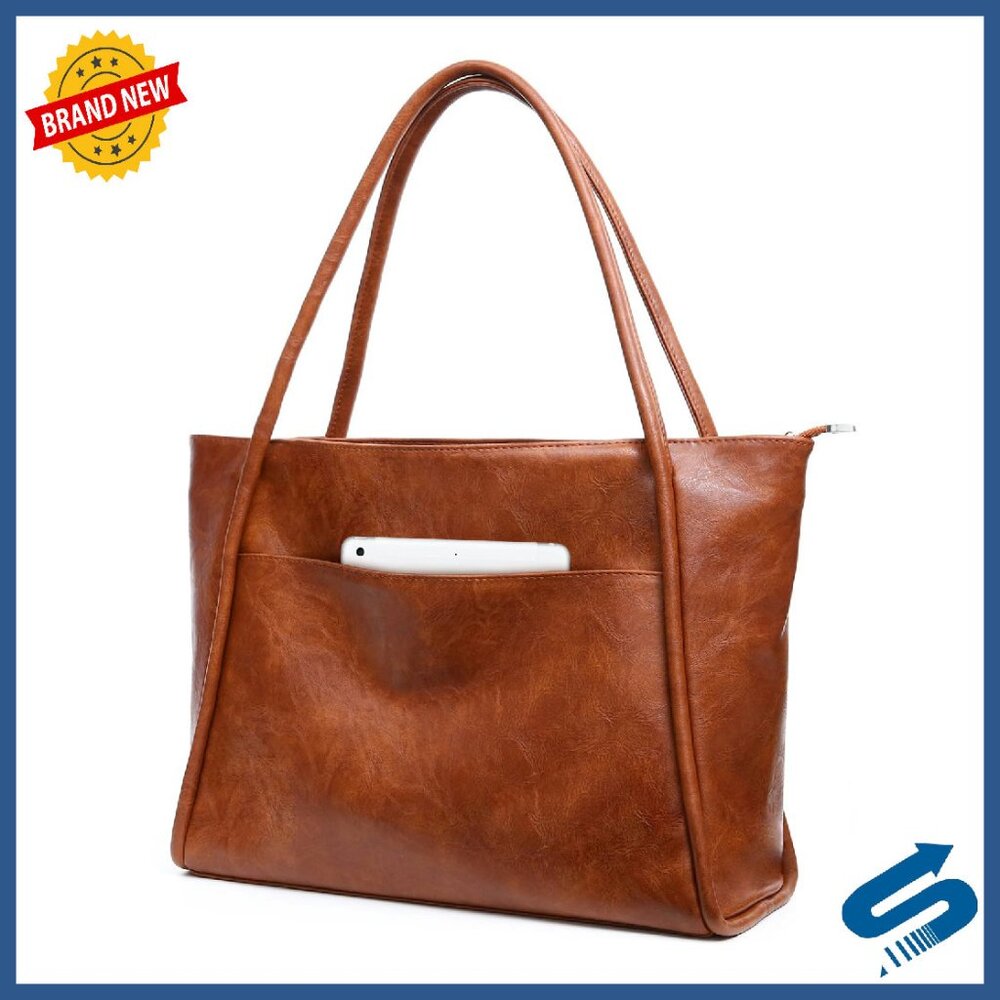 Large Zippered Vegan Leather Tote Bag For Work & Travel